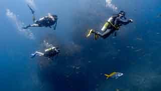 Advanced open water divers swimming in the middle of blue water next to a pinnacle underwater