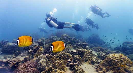 Young kind wave underwater in scuba diving equipment on his Open Water diver course