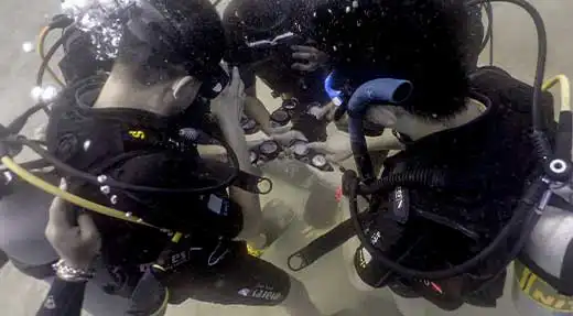 Discover Scuba Diving students descend with instructor
